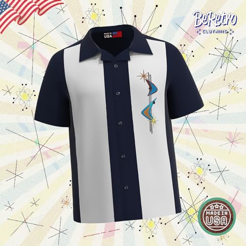 Mens Hawaiian Shirt Short Sleeve - Cuban Collar - Made in USA - Navy Atomic