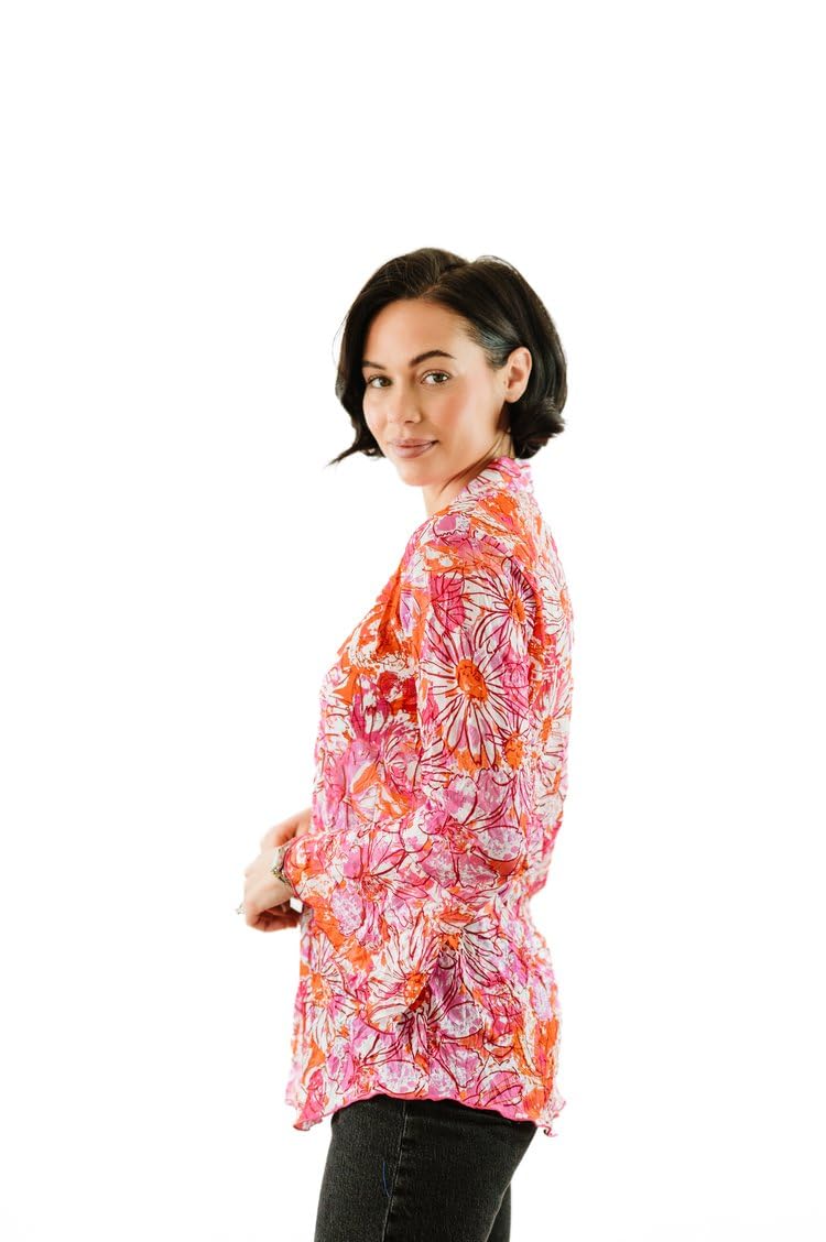 SNO SKINS Spring/Summer Collection Designer Print Crinkle Sweetheart Top with Stand Collar (Pink Passion)