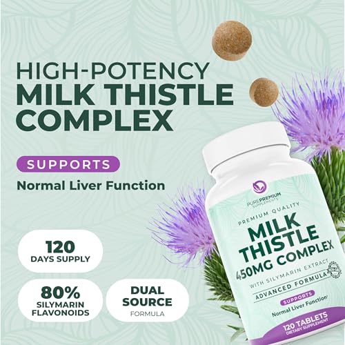 PurePremium Milk Thistle Supplement – Liver Cleanse Detox & Repair, 80% Silymarin Standardized Extract – High Potency 450mg Complex Supports Normal Liver Function – Non-GMO, Gluten-Free - 120 Supply