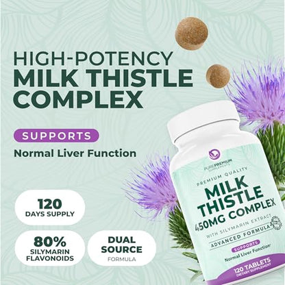 PurePremium Milk Thistle Supplement – Liver Cleanse Detox & Repair, 80% Silymarin Standardized Extract – High Potency 450mg Complex Supports Normal Liver Function – Non-GMO, Gluten-Free - 120 Supply