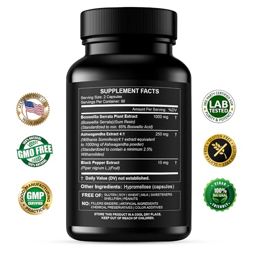 Boswellia Extract and Organic Ashwagandha Capsules 2000 mg - Strong Natural Support Pills 3 Month Supply - Consentrated Boswellia Serrata 65% Boswellic Acid with Ashwagandha Powder Supplement