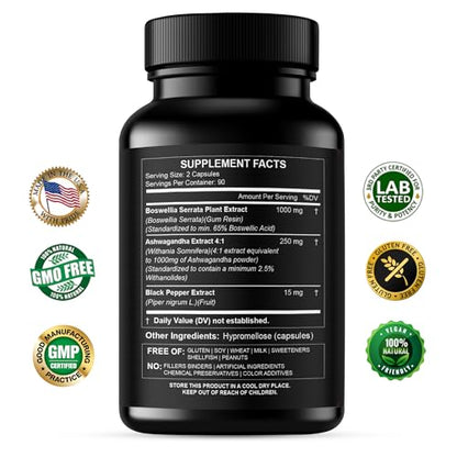 Boswellia Extract and Organic Ashwagandha Capsules 2000 mg - Strong Natural Support Pills 3 Month Supply - Consentrated Boswellia Serrata 65% Boswellic Acid with Ashwagandha Powder Supplement