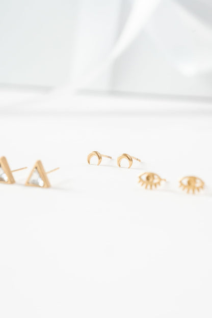 Dainty Gold Moon Stud Earrings Handmade by Katie Dean Jewelry