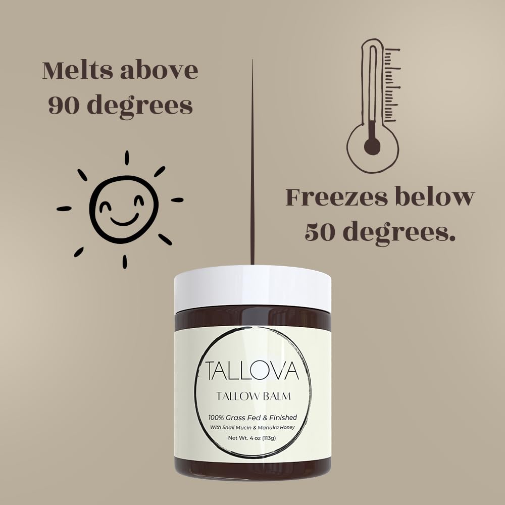 Tallova Hydrating Tallow Balm - Organic Beef Tallow for Skin. Enhanced with Snail Mucin & Manuka Oil, Unscented Eczema Care Moisturizer for Adult Men & Women. 4 Oz