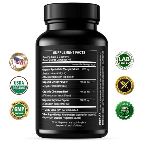 Organic Apple Cider Vinegar Capsules 1500 mg Extract with The Mother - Extra Strength Raw Apple Cider Pills w Ginger Cayenne Cinnamon - Natural Detox Potent Digestion Cleansing System ACV Supplement