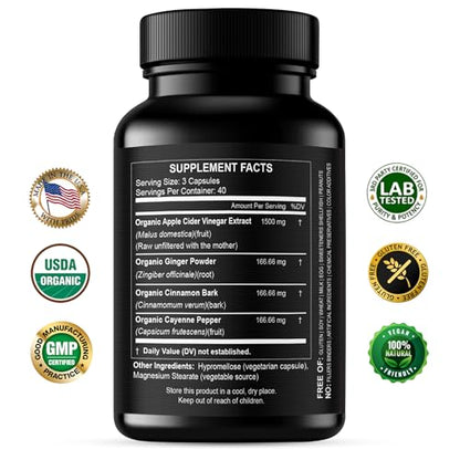 Organic Apple Cider Vinegar Capsules 1500 mg Extract with The Mother - Extra Strength Raw Apple Cider Pills w Ginger Cayenne Cinnamon - Natural Detox Potent Digestion Cleansing System ACV Supplement