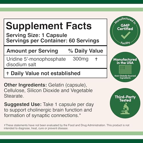 Uridine Monophosphate - Third Party Tested (Choline Enhancer, Beginner Nootropic) (300mg, 60 Capsules) Synergy with Alpha GPC Choline for Brain Health and Memory by Double Wood
