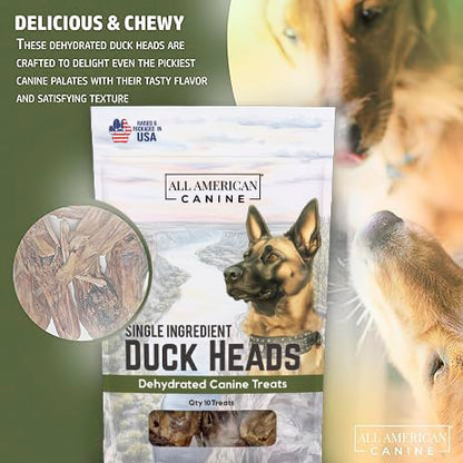 All American Canine 10 Natural Duck Head Dog Treats – Single Ingredient, Dehydrated & Digestible – Low-Fat, High-Protein Chew for Training & Dental Health – Made in USA
