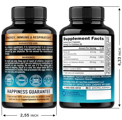 NAC Supplement | Selenium | B6 | B12 - Antioxidant, Immune Support - N Acetyl Cysteine 600 mg per Capsule, 1200 mg per Serving - Made in USA - Non-GMO, Gluten-Free, Vegan - 120 caps, 2 Month Supply