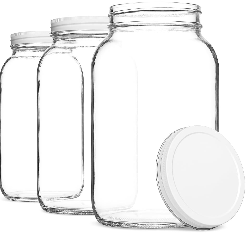 kitchentoolz Set of 3 One Gallon Large Glass Jar with Lid – Wide‑Mouth Gallon Mason Jar for Sun Tea, Pickling, Kombucha – 1 Gallon Glass Jug Made in USA