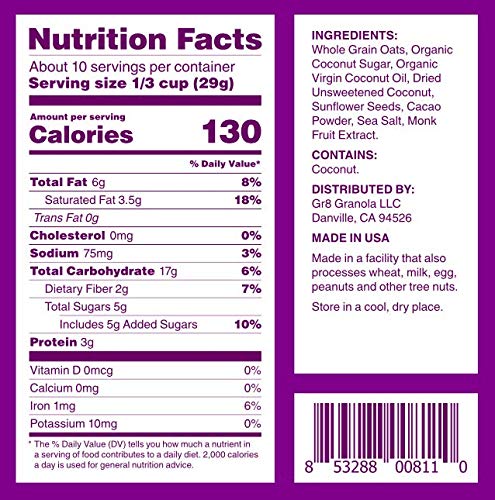 gr8nola CACAO CRISP - Healthy, Low Sugar, Vegan Granola Cereal - Made with Superfoods Cacao, Coconut, and Sunflower Seeds, Soy Free, Dairy Free and No Refined Sugar - 10oz Resealable Bag