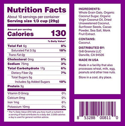 gr8nola CACAO CRISP - Healthy, Low Sugar, Vegan Granola Cereal - Made with Superfoods Cacao, Coconut, and Sunflower Seeds, Soy Free, Dairy Free and No Refined Sugar - 10oz Resealable Bag