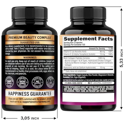Multi Collagen Peptides - Hydrolyzed Types I, II, III, V & X - Collagen Supplement for Women 1300mg - w/ Hyaluronic Acid, Vitamins C & E - Skin, Hair, Nails & Joint Support - Made in USA, 240 Capsules