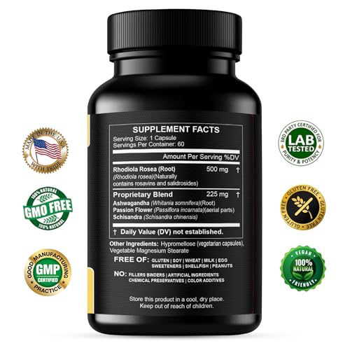 Rhodiola Rosea Supplement High Potency Extract 500mg - 3% Rosavins 1% Salidrosides with Ashwagandha Shisandra Passion Flower Herb Powder Capsules - Natural Way to Relieve Stress - Pills for Energy