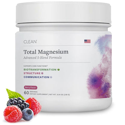 Clean Program Total Magnesium Complex Powder, Berry Flavored Magnesium Supplement for Sleep Stress & Digestion Advanced 5-blend Formula with Glycinate, Citrate, Malate, Taurate, Carbonate, 60 Servings