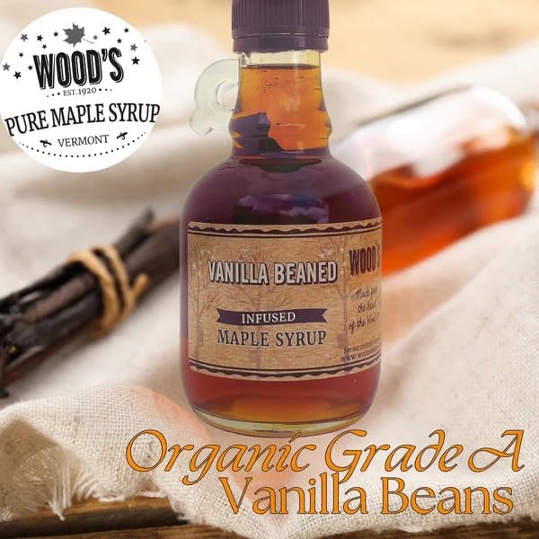 WOOD'S Vanilla Beaned Maple Syrup – Infused Vermont Maple Syrup with Real Vanilla Bean Pod | Smooth, Rich, All-Natural & Vegan Sweetener | Perfect for Breakfast, Baking, Seafood, Popcorn & More | 8.45 Fl Oz (250mL)