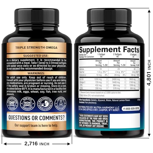 Omega 3 Fish Oil 3600 mg - Omega 3 Supplement | EPA & DHA - Heavy Metals Free - Heart, Brain & Joint Support - Purified Fish Oil for Men & Women - Lemon Flavored - Made in USA, 90 Softgels