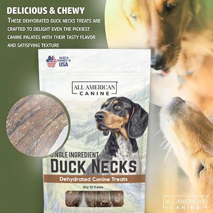 All American Canine 12 Natural Duck Neck Dog Treats – Single Ingredient, Dehydrated & Chewy – Low-Fat, High-Protein Training Reward – Made in USA