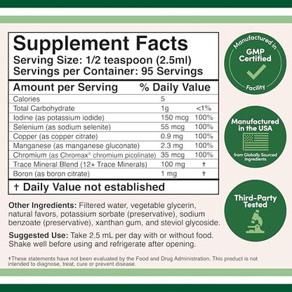 Trace Minerals (Liquid Trace Mineral Drops) Over 17+ Trace Minerals and 100% Daily Value of 5 Trace Minerals: Iodine, Selenium, Copper, Manganese, Chromium for (Add to Drinking Water) by Double Wood
