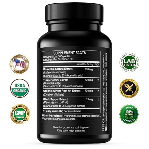 Boswellia Curcumin Ginger Extracts Supplement – Strong 95% Curcuminoids Natural Support Pills for Mobility & Flexibility – Extra Strength Boswelia with Turmeric Curcumin Organic Ginger Supplement