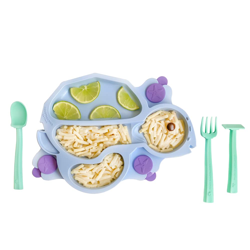Constructive Eating Plate Made in USA | Kids Dinnerware Set, Blue Turtle Plate | Divided Suction Plates for Toddlers, Made with Materials Tested for Safety
