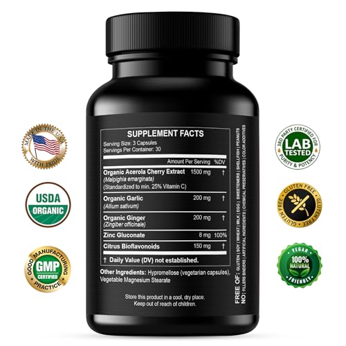 HCL HERBAL CODE LABS Natural Vitamin C from Organic Acerola Cherry - High Absorption - with Garlic Ginger & Citrus Bioflavonoids - Immune System & Collagen Booster - Anti Aging Skin Vitamins