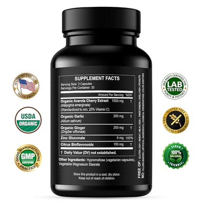 HCL HERBAL CODE LABS Natural Vitamin C from Organic Acerola Cherry - High Absorption - with Garlic Ginger & Citrus Bioflavonoids - Immune System & Collagen Booster - Anti Aging Skin Vitamins