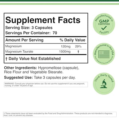 Magnesium Taurate Supplement for Cardiovascular Health to Boost Magnesium Levels (1,500mg per Serving, 210 Vegan Capsules) Non-GMO, Gluten Free, by Double Wood Supplements
