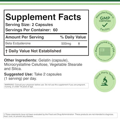 Beta Ecdysterone Supplement - 500mg Per Serving (120 Capsules, 60 Servings) Powerful Plant Anabolic to Support Men's Health (Non-GMO and Gluten Free) by Double Wood