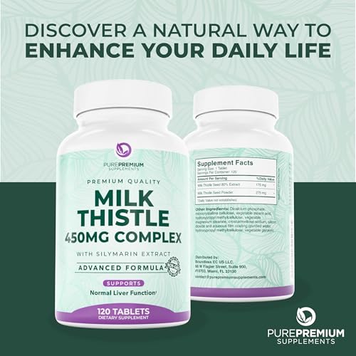 PurePremium Milk Thistle Supplement – Liver Cleanse Detox & Repair, 80% Silymarin Standardized Extract – High Potency 450mg Complex Supports Normal Liver Function – Non-GMO, Gluten-Free - 120 Supply
