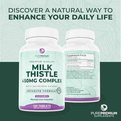 PurePremium Milk Thistle Supplement – Liver Cleanse Detox & Repair, 80% Silymarin Standardized Extract – High Potency 450mg Complex Supports Normal Liver Function – Non-GMO, Gluten-Free - 120 Supply