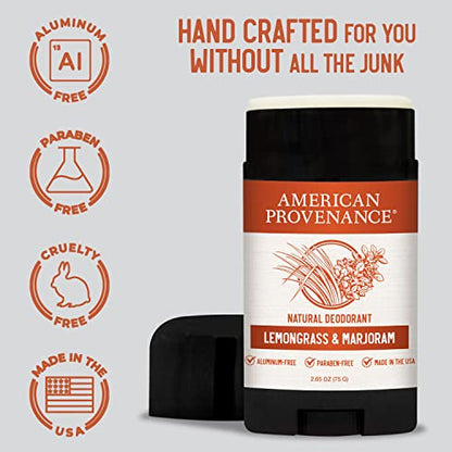 American Provenance All Natural Deodorant for Men and Women - Aluminum Free Deodorant that Lasts All Day - Made in the USA with Essential Oils & Cruelty Free - Lemongrass & Marjoram (1 Pack)