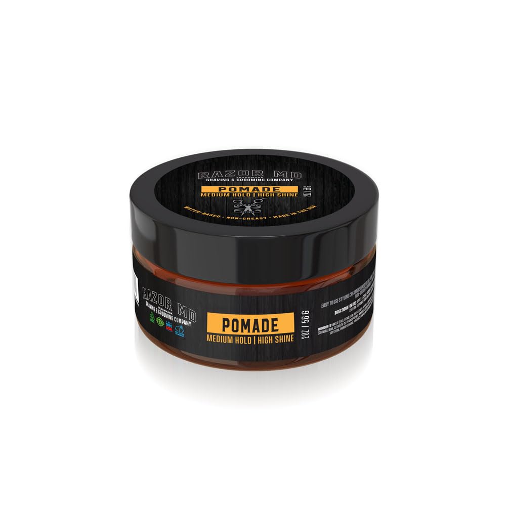 Razor MD Natural Water Based Hair Pomade for Men With High Shine and Slickback Finish, Medium Strong Hold Best Hair Products for Mens with Curly, Long, Wavy and Thin Hair, Made in the USA, 2 oz