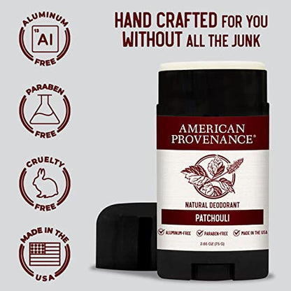 American Provenance Aluminum Free Natural Deodorant For Women and Men - Patchouli - 24 Hour Protection - Cruelty Free - Made in the USA (1 pack)