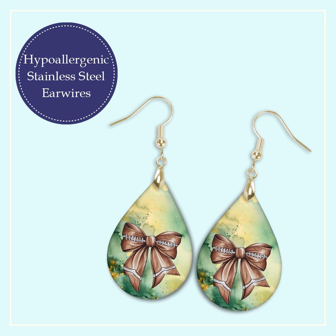 Football Dangle Earrings Green Gold Coquette Bow Teardrop 2.5 Inches Long Lightweight Double-Sided Design Handmade by The Painted Pug