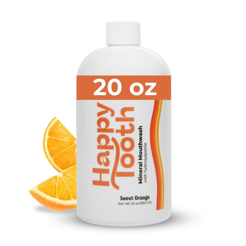 Happy Tooth Hydroxyapatite Mouthwash, Fluoride Free, Teeth Whitening, Remineralizing for Enamel Strength, Fresh Breath, Oral Microbiome Support, Dentist Formulated, Gentle Care, Sweet Orange, 20 Fl Oz