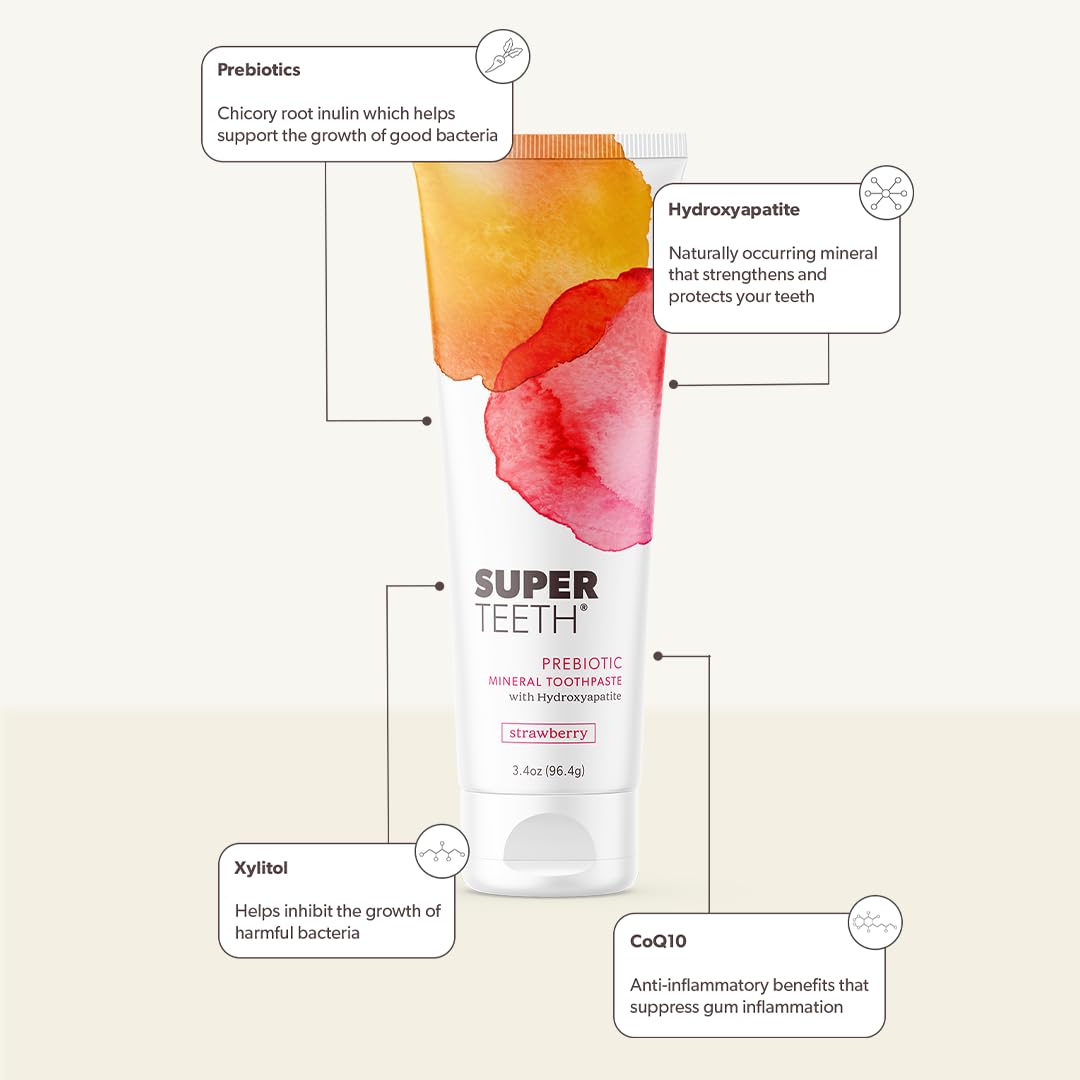 SuperTeeth Prebiotic Mineral Toothpaste for Adults and Kids | Antiplaque | Hydroxyapatite | Fluoride Free | SLS Free | Remineralizing | Oral Care | Made in USA | Strawberry