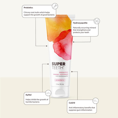 SuperTeeth Prebiotic Mineral Toothpaste for Adults and Kids | Antiplaque | Hydroxyapatite | Fluoride Free | SLS Free | Remineralizing | Oral Care | Made in USA | Strawberry