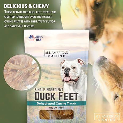All American Canine 20 Natural Duck Feet Dog Treats – Single Ingredient, Dehydrated & Digestible – Crunchy, Low-Fat, High-Protein Chew for Joint Support & Dental Health – Made in USA