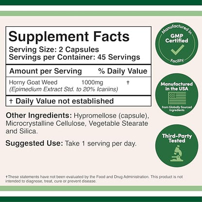 Horny Goat Weed for Men and Women - No Fillers (Max Strength Epimedium Std. to 20% Icariins) 1,000mg per Serving, 90 Capsules (Male Enhancing Supplement) by Double Wood