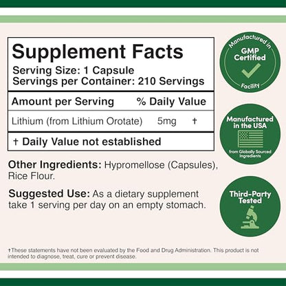 Lithium Orotate 5mg, 210 Capsules (Third Party Tested, Vegan Safe, Non-GMO) for a Calmer Mind, More Balanced Mood, and Better Rest at Night by Double Wood Supplements
