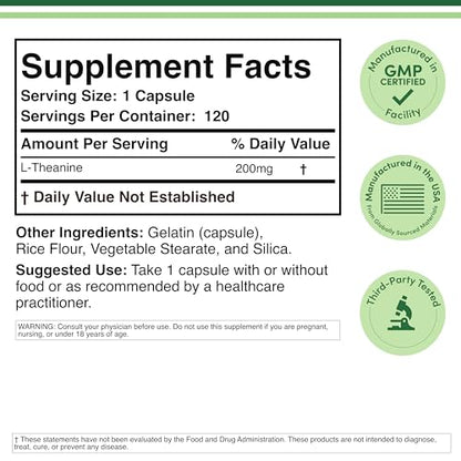 L-Theanine Supplement 200mg, 120 Capsules (Soy Free, Gluten Free, Non-GMO, Third Party Tested) Synergy with Magnesium L-Threonate and Apigenin by Double Wood