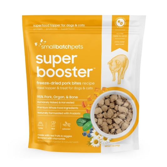 smallbatch Freeze Dried Dog Treats, Superfood Food Topper Pork Bites for Dogs & Cats, Probiotics, Organic Ingredients, High Protein, Grain Free Healthy Treat & Food Topper, Made in The USA, 7 oz Bag