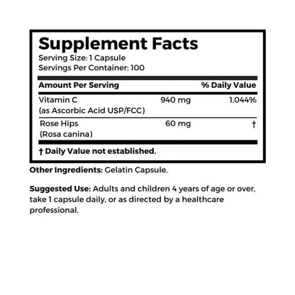 Dr. Clark Vitamin C with Rose HIPS Supplement – 1000mg, 100 Gelatin Capsules, Immune Support & Antioxidant Protection