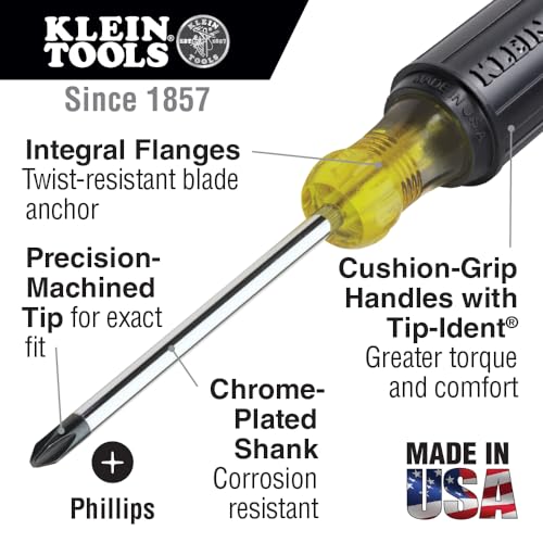 Klein Tools 85078 Screwdriver Set, Made in USA, All-Purpose Screwdriver Kit has 4 Phillips and 4 Flat Head Tips, Non-Slip Cushion Grip, 8-Piece