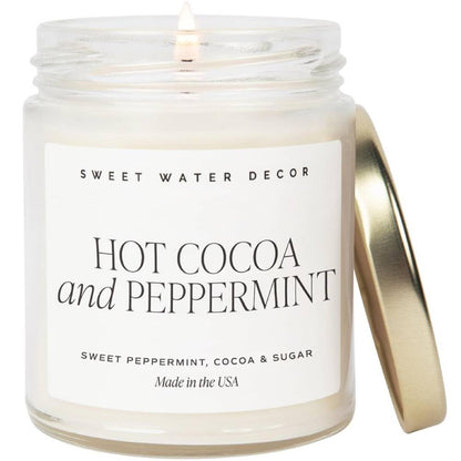 Sweet Water Decor Hot Cocoa and Peppermint Soy Candle - Chocolate, Peppermint, and Vanilla Holiday Scented Candles for Home - 9oz Clear Jar Candle with Gold Lid, 40+ Hour Burn Time, Made in The USA