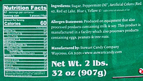 Stewart - Red & Green Striped Soft Peppermint Puffs, Festive Peppermint Candy | Not Just for Christmas | Individually Wrapped Candy Bulk Pack [2lb Bag] - Perfect for Bowls - Made in USA