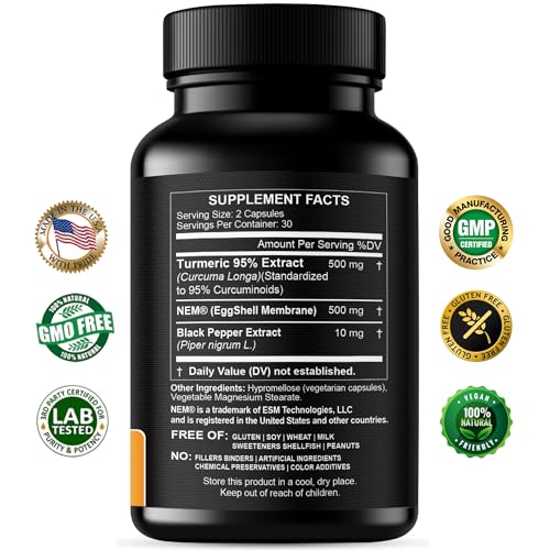 Turmeric Curcumin 95% Extract & Collagen Capsules - NEM Promotes Knee Comfort & Flexibility - Eggshell Membrane w Naturally Occurring Glucosamine Chondroitin Hyaluronic Acid- Made in USA