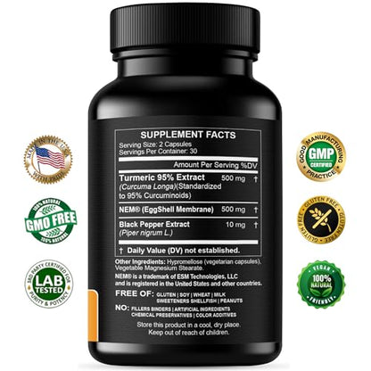 Turmeric Curcumin 95% Extract & Collagen Capsules - NEM Promotes Knee Comfort & Flexibility - Eggshell Membrane w Naturally Occurring Glucosamine Chondroitin Hyaluronic Acid- Made in USA