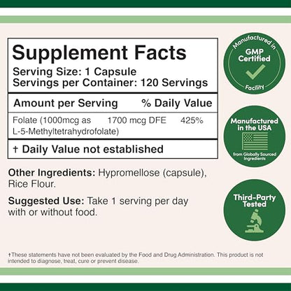 Methylfolate 1,000mcg, 120 Capsules (Third Party Tested Methyl Folate Supplement) Methylated Folate is a More Active Form of Folate Than Folic Acid (Non-GMO, Vegan Safe) by Double Wood